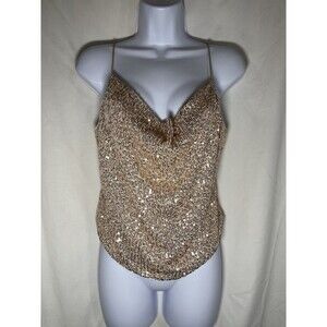 Sparkly Rose Gold Sequin Camisole Cowl Neck Tank Top Cropped Party Clubwear - M